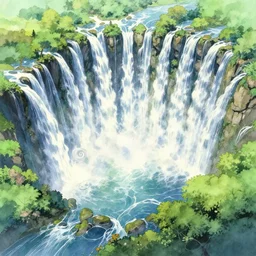 an epic makoto shinkai landscape with a waterfall, spirals, aerial view, in the style of art nouveau and watercolor, octane render
