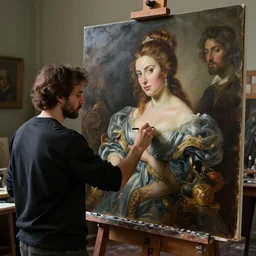 a painter in his studio painting a picture of belle delphine by edgar maxence and caravaggio and michael whelan and delacroix style, artistic, intricate drawing, cinematic lighting, hyper realistic, extremely detailed, establishing shot, 8 k resolution, dramatic lighting