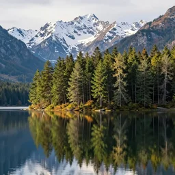 a lovely forest, on an island in the middle of a magnificent lake with a mirror reflection of the forest, snow capped mountains in the backdrop, wide angle, high definition.
