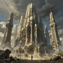 matte painting of mos eisley with towering skeletal temple architecture designed by hr giger, uninhabited, global illumination, volumetric lighting, tom bagshaw, alphonse mucha, craig mullins, light leaks 4 k premiere pro, studio ghibli, makoto shinkai, masterpiece, weta digital, high contrast