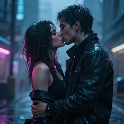 cyberpunk, neon, couple kissing, artificial light, rain, fog, highly detailed, digital art, video game