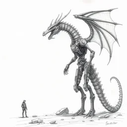 distant full - body drawing of a iron mechanical body and dragon head, concept art by ian miller, artstation, sots art, steampunk, concept art, da vinci, greg rutkowski