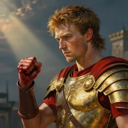 Sam Hyde as a Roman warrior wearing gold and red armor, elegant suit, looking at bloody fist, portrait art by Vincent van Gogh, highly detailed, digital painting, concept art, illustration, dim lighting with twilight rays of sunlight, trending on artstation, very detailed, smooth, sharp focus, octane render, close up