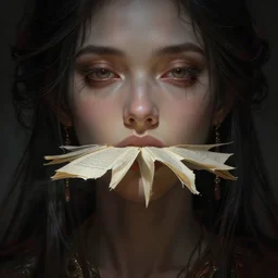 beautiful woman with book pages for a mouth, dark fantasy, volumetric lights, intricate, intense detail, digital painting, artstation, concept art, smooth focus, cinematic, illustration, style of alex broeckel, 8 k