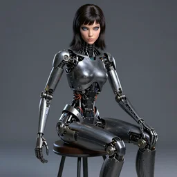 beauty Alita woman sitting on a stool, dramatic lighting, mechanical details, electrical details, high details, 4k, 8k, trending on artstation, by Hajime Sorayama and Boris Vallejo