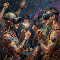 rave party, cybertronic gadgets and vr helmet, flesh + technology, flash shot, durty colours, long shot, rotten textures, rusty shapes, biotechnology, norman rockwell, tim hildebrandt, dariusz zawadzki, bruce pennington, larry elmore, hyperrealistic oil painting on wood, deep depth field, masterpiece, cinematic composition, hyper - detailed, hd, hdr
