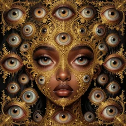 eyes!! a black girl with many eyes!, surreal art by colin christian and junji ito and anton semenov in a surreal portrait style, trypophobia! eyes, eyes everywhere, symmetry, eyes!, homicidal eyes, golden, ornate and decadent, delicate and intricate, highly detailed, infinite intricacy