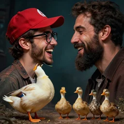 concept art, a beautiful highly detailed heritage young ducktail bearded moroccan with wayfarer glasses and red baseball hat in the dark laughing at a man with a massive head, cinematic moody colors, realistic shaded lighting poster by ilya kuvshinov, magali villeneuve, artgerm, jeremy lipkin and michael garmash and rob rey