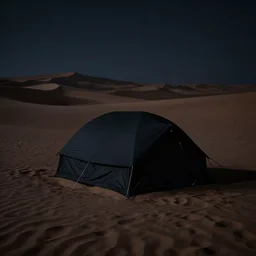 hyper realistic matte painting of a small tent in the desert with dunes at midnight, very dark black color scheme, artstation
