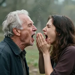a perfect photograph of a 1 0 0 0 year old man and a woman coughing into each others mouth, spittle and drool flying everywhere. their faces contorted by the overpowering freedom they have.