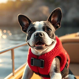 a closeup photorealistic photograph of a cute smiling knitted boston terrier dog dressed in a life vest on a pontoon boat. professional capture, sunny shot. this 4 k hd image is trending on artstation, featured on behance, well - rendered, extra crisp, features intricate detail, epic composition and the style of unreal engine.