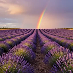 lavender field during golden hour with a rainbow in the distance, landscape photo