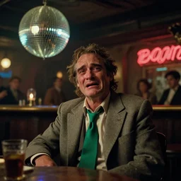 the wide shot of crying old unkempt drunkard ( ( ( ( ( ( joaquin phoenix ) ) ) ) ) ) with sideburns worn in old grey jacket with emerald tie in steampunk bar, color movie with cinematography of christopher doyle, neon light reflectied from discoball, anamorphic, optical flares, award - winning photo, kodak film, masterpiece, 8 k