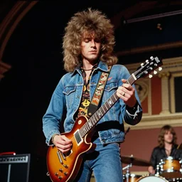 19-year-old boy with very thick shaggy permed hair, holding electric guitar, double denim, 1971 concert, live at Royal Albert Hall, proto-metal concert, heavy psychedelic blues rock concert, super 8mm film quality
