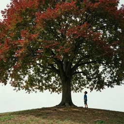 there is an oversized tree on a small hill, with red and green leaves, obscuring the sky, a 6 - year - old boy is looking up under the tree, looking up from an angle, movie texture, 8 k, rich in details