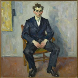 painting of a man sitting on a chair staring at you by georg baselitz, expressive painting, multi layered thick brushstrokes, medium shot, high quality