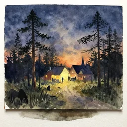 small centered on watercolor paper, paint brush strokes, abstract watercolor painting of village in bog at nightfall, pine trees, viking mythology, cinematic light, american romanticism by hans dahl, by jesper ejsing, by anders zorn, by greg rutkowski, by greg manchess, by tyler edlin