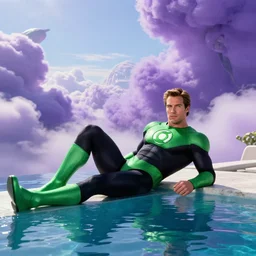 photograph of actor Christoper Reeve dressed as a Green Lantern, lounging by an infinity pool on a mystical Alien planet with voluminous purple clouds, Sunny Day