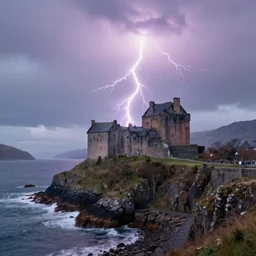 epic professional digital art of Lightning striking a castle on a cliffside by the sea during a gloomy day in the Scottish highlands, soft pastel colours, best on artstation, breathtaking, epic, stunning, gorgeous, much detail, much wow, cgsociety, wlop, pixiv, behance, deviantart, masterpiece, UHD, 8K