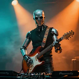 portrait of a ( ( cyborg ) ) dj knight with a guitar on stage, by pascal blance, by caravaggio, teal orange, studio light, cinematic light