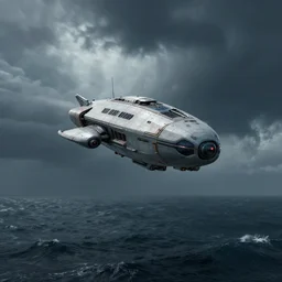 one small alien ship flies high above a stormy ocean, sci-fi concept art, unreal engine 3d