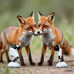 a fox toying around a robot, photorealistic, 4k