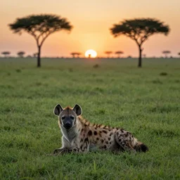 striped hyena laying in between the green in savannah, sunset, far - shot