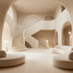3d render of a liminal space beige and light brown and white colors, abstract interior design, stairs, modernistic, circle couches, rounded lamps, rounded off archways, small pools with no bottom, octane render, 8k