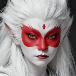 Portrait of Princess Mononoke with red facepaint under her eyes, white fur, face, fantasy, intricate, elegant, highly detailed, digital painting, artstation, concept art, smooth, sharp focus, illustration, art by Fernanda Suarez and Artem Demura and alphonse mucha
