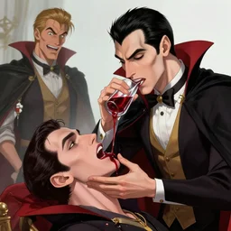 a male vampire drinking blood from its prey, 1 wlop and krenz cushart and alfons mucha detailed, closeup portrait, sunbeam, unreal engine, hyperrealism, cinematic composition, blender render, octane render, hdr, detailed textures