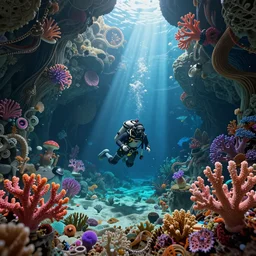 cave divers exploring an underwater cave system in horizon zero dawn 2, rainbow corals, god rays, d & d, fantasy, intricate, elegant, highly detailed, digital painting, artstation, concept art, matte, sharp focus, illustration, hearthstone, art by bouguereau and greg rutkowski and ruan jia and conrad roset and bierstadt.