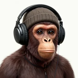 stoned ape, headphones and knitted cap, realistic, colored, extremely detailed, sharp focus, wide view, smooth, digital illustration, by james jean, by rossdraws, frank franzzeta, mcbess, sakimichan, brosmin, danton fadeev, steve simpson