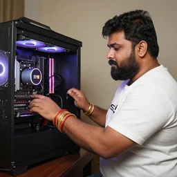 a fat bangleshi man with a black beard playing on his 5000 dollar pc