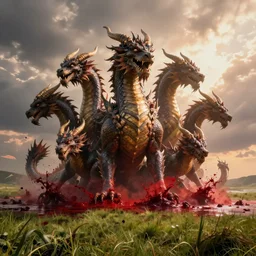 mystical creature, hybrid monster, dragon, beast rising from the sea of blood, many horns, many heads, landscape, cinematic view, epic sky, detailed, concept art, low angle, high detail, warm lighting, volumetric, godrays, vivid, beautiful, trending on artstation, by jordan grimmer, huge scene, grass, art greg rutkowski