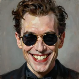 portrait of an evil man with sunglasses, evil smile, with mouths in his eyesockets, in the style of roger deakins, david lynch, oil painting, realistic