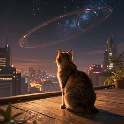 cat sitting on a wooden deck, staring into the sky, night, dramatic warm lighting, futuristic cyberpunk cityscape in background, stellaris concept art, ringworld structure in sky