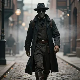 photography of realistic plague doctor walks through a Victorian city, trending in artstation, photo-realistic, dramatic light, bokeh effect, volumetric fog, detailed