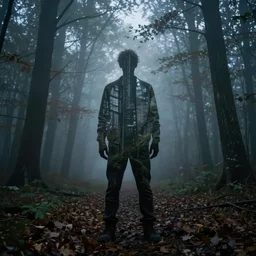 man made of fog in dark woods at night