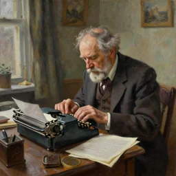 a disheveled old disbarred lawyer boarded up in his messy house, isolated alone on a typewriter feverishly typing out paranoid rants in the 1 9 8 0 s, detailed artstation marc simonetti andrei riabovitchev ilya nazarov artstation oil on canvas shimmer