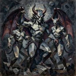 demons in hell, dark color scheme, a cubist painting by elizabeth murray, behance, cubo - futurism, cubism, oil on canvas, airbrush art