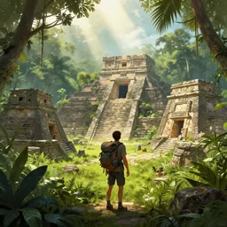 a backpacker standing in an overgrown aztec village in the jungle highly detailed digital painting, concept art by yongfei liu, alben tan, vance kocas, octane rendered, low angle, god rays