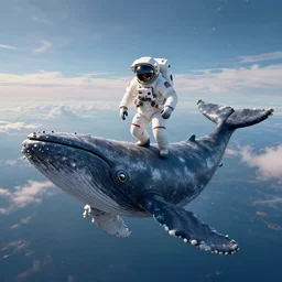 astronaut riding on top of floating whale, in undiscovered place, space, exploration, science fiction, fine details, beautiful sky, infinite view, neo