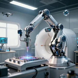 ( cyberpunk 2 0 7 7, bladerunner 2 0 4 9 ), a complex thick bifurcated robotic cnc surgical arm cybernetic symbiosis hybrid mri 3 d printer machine making a bio chemical lab, shiny knobs, amazing, fantastic, natural light in room, drone camera lens orbs, global illumination, octane render, architectural, f 3 2,
