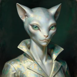 detailed portrait in femininity, alien, feline, realistic face sculpted features, clear eyes, statuesque model, opalescent skin, structure jacket with high collar, warm glow, bathed in light, chiaroscuro, shimmering highlights, angular impressionism, radiant, deep rich tones, silver and emerald color palette, vintage illustration