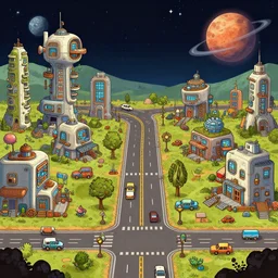 on main street in a small colony with futuristic modular buildings, on a remote planet, from a space themed point and click 2 d graphic adventure game, art inspired by the steampunk and thomas kinkade