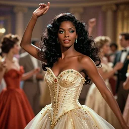 the image is a lost hollywood film still 1 9 8 0 s photograph of a guardian priestess goddess black woman with dark brown skin, long, swirling black hair, and jade colored eyes, dancing in a ballroom in a ballgown. vibrant cinematography, anamorphic lenses, crisp, detailed image in 4 k resolution.