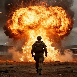 an individual soldier walking away with a massive fiery explosion behind him, cinematic lighting, hdr, gritty in the style of the movie lone survivor