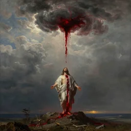 of god bleeding pooring blood from the sky in the style of Ansel Adams, Thomas Cole and Ansel Adams