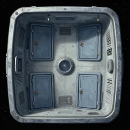 in a small space station capsule that has four doors, one on each wall, from a space themed point and click 2 d graphic adventure game, set design inspired by hg giger and tomb raider, art inspired by thomas kinkade