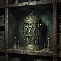 cursed ancient artifact made of rare precious materials safely stored in brutalist SCP facility on the shelf. Secure. Contain. Protect. Class Keter ancient artifact SCP-777, Ultra detailed illustration by Dariusz Zawadski and Greg Rutkowski with inspiration from Beksinski, trending on ArtStation, eerie HDR lighting
